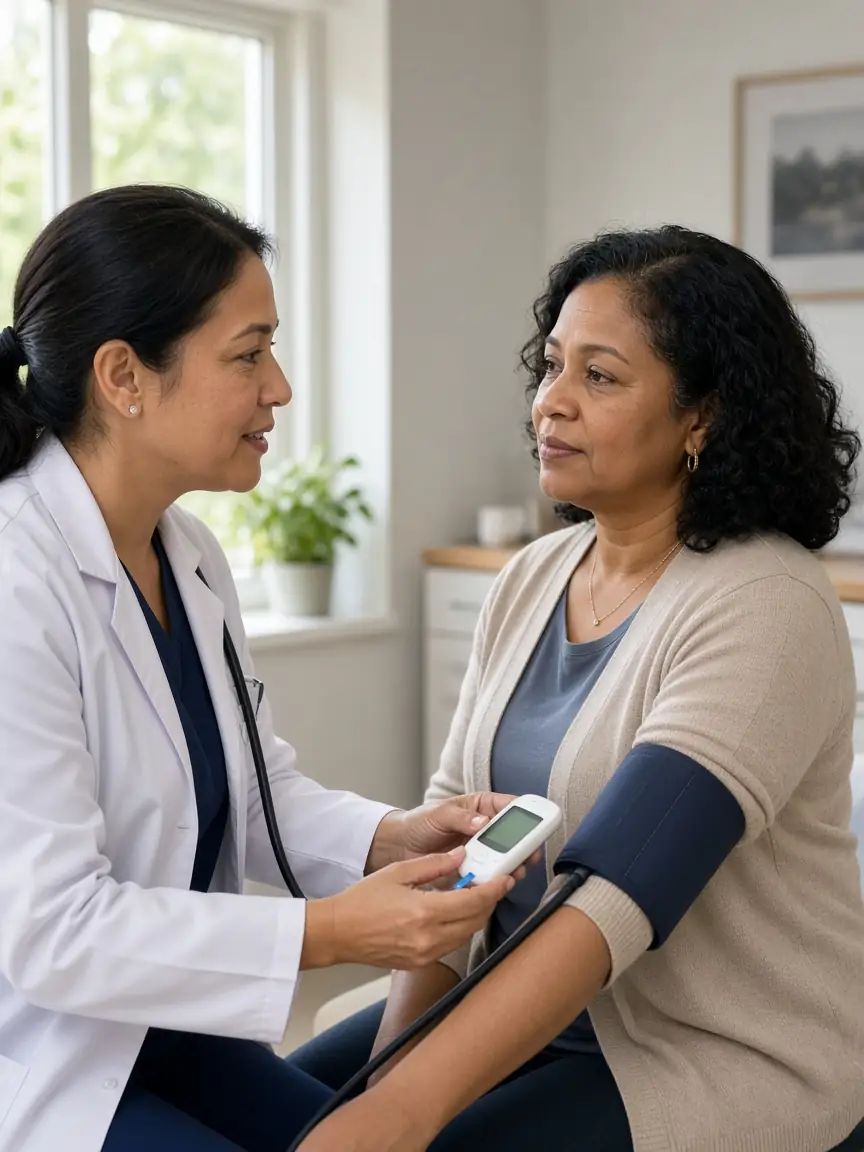 Clinician checking blood pressure for chronic condition management