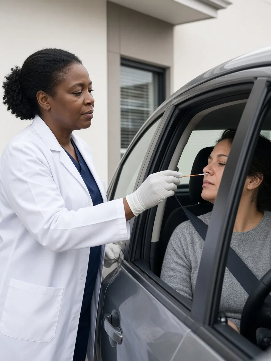 Nurse practitioner swabbing a patient's nose through an open car window during drive-thru cough and cold care