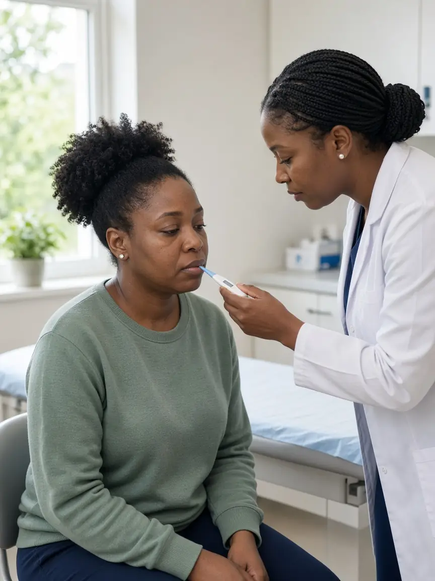 Clinician checking an adult patient's temperature during a sick visit