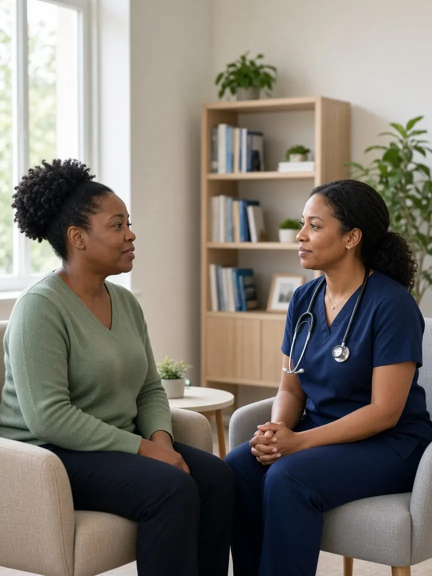 Nurse practitioner listening during a mental health visit